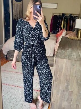 Madewell Black Floral Boho Jumpsuit Wide Leg Tie Waist V-Neck Chic